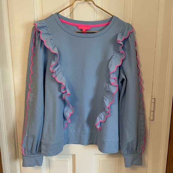 Lilly Pulitzer Suzy Ruffle Sweatshirt Light Blue Pink Balloon Sleeve M - Picture 3 of 8